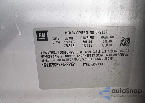 2014 Chevrolet Sonic Lt Auto z USA, uszkodzony, nr VIN 1G1JC5SBXE4235151